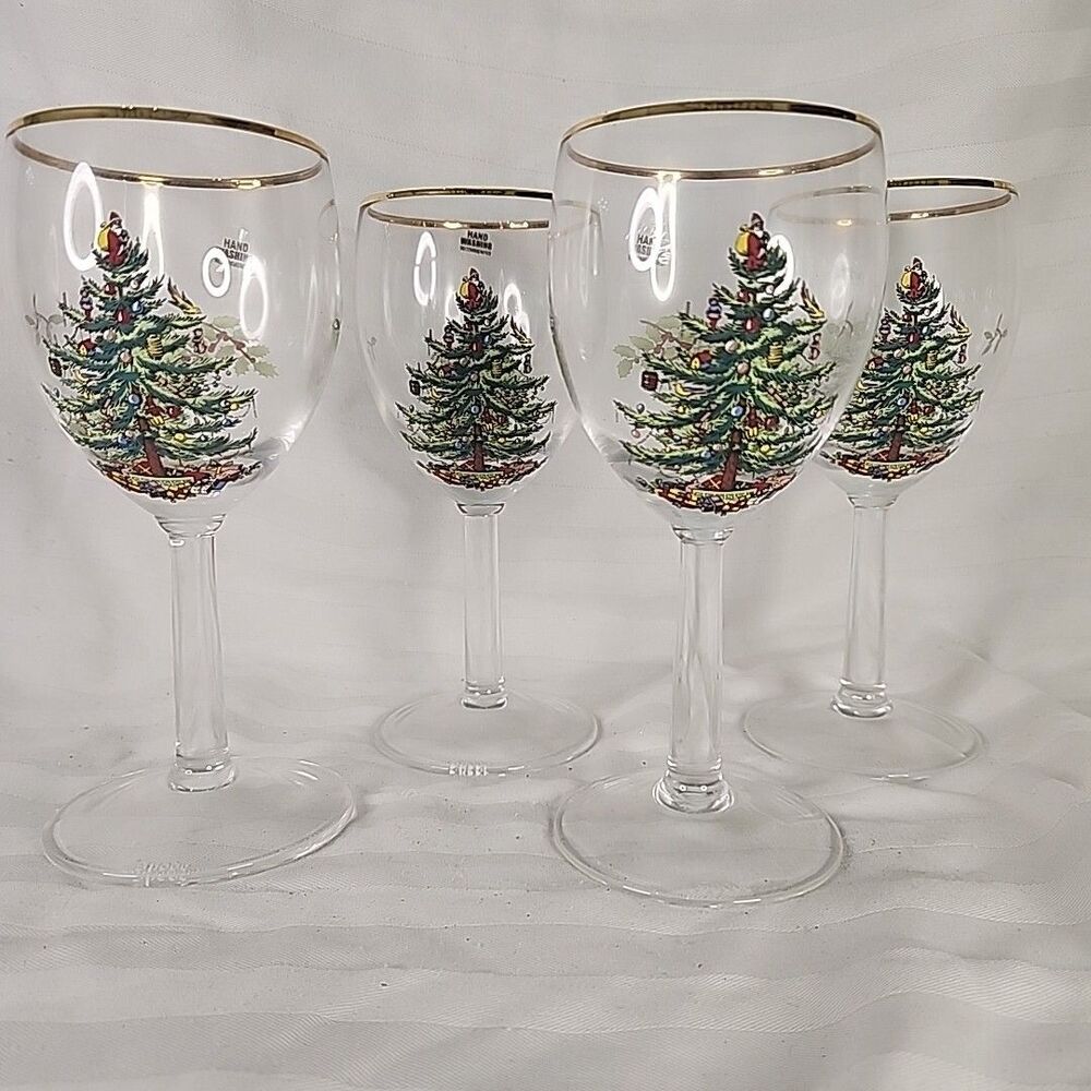 Spode Christmas Tree Wine Glasses 13 Ounce with Gold Rims, Set of 4 NEW
